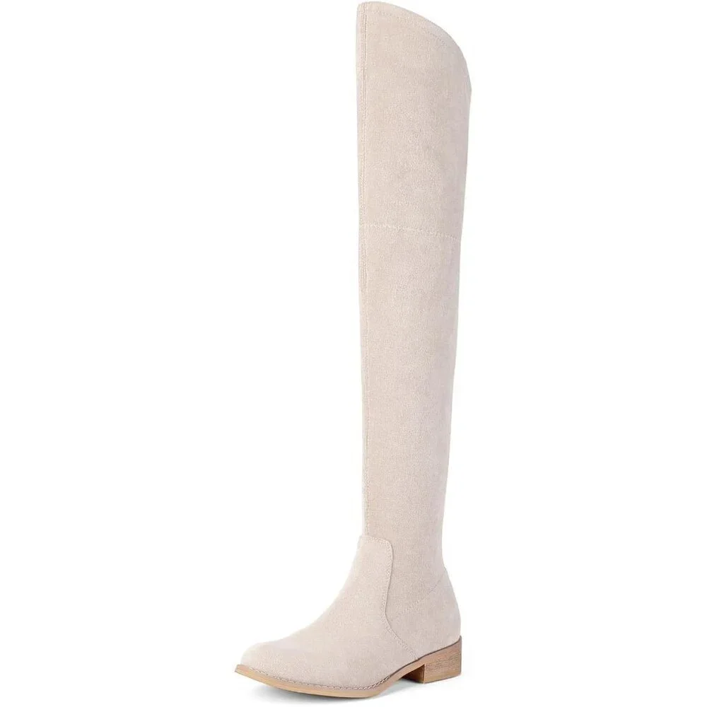 Women Beige Faux Suede Over The Knee Thigh High Low Block Heel Pointed Toe Boot